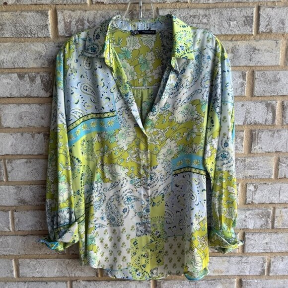 Zara Collared 3/4 Sleeve Paisley Print Satin Button Up Blouse Women's Size S - Picture 1 of 7
